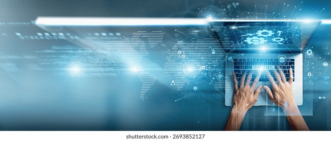 Process engineer using a laptop with automation data workflow efficiency, robotic systems, AI integration, reduced manual effort, productivity optimization, and operational excellence.