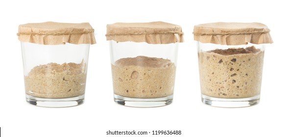 Process of fermentation of homemade rye bread sourdough isolated on white background. Active rye starter for bread. Healthy eating concept.