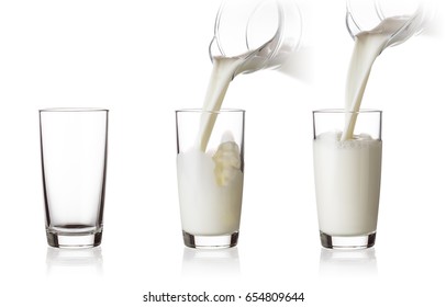 Process of filling a glass of milk from jug isolated on a white background - Powered by Shutterstock