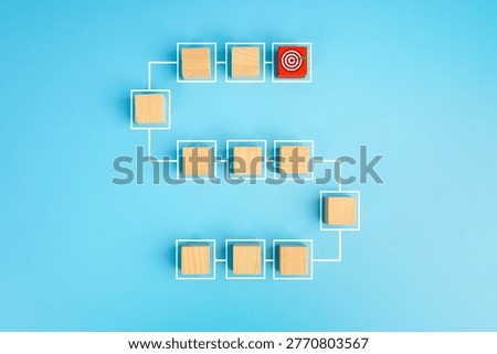 Process flow and goal achievement concept. Wooden blocks connected in a sequence path leading to a target icon, symbolizing planning, workflow, strategy, progress, and successful execution.