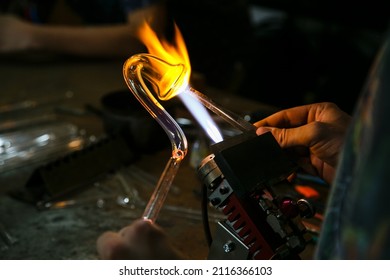 Process Glass Blowing Manufacturing . Fire Heats Glass Blank With Glass-blowing Burner. Handmade Glassworks