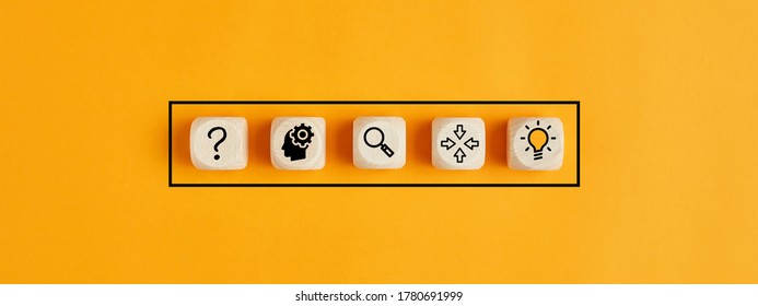 The process of idea formation or creation and problem solving. Thinking, analyzing, research, information gathering and idea icons on wooden cubes. - Shutterstock ID 1780691999