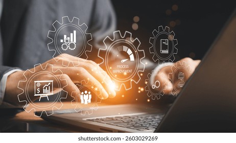  Process improvement concept, Continuous improvement,  Improve the efficiency and effectiveness of company and industry operations Businessman solving problems improving organizational processes.