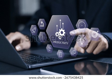 Process to increase productivity, lean cost and productivity growth. Businessman with virtual productivity icons for industrial management in efficiency and efficient process.