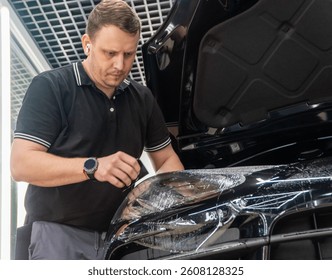 The process of installing a protective polyurethane film for paint on the front headlight of a car. PPF is a polyurethane film that helps protect glass and metal from scratches. Selective focus.  