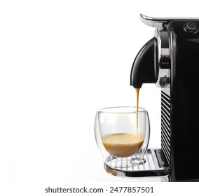 Process of making coffee by coffee machine into glass transparent cup - espresso coffee coming out from home coffemaker machine. Capsule coffee by machine isolated on white - Powered by Shutterstock