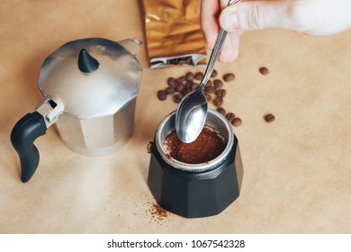 The process of making coffee in the moka coffee maker.