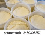 The Process of Making Fresh White Soft Whey Ricotta Cheese. High quality photo