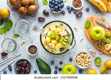 Process of making fruit smoothies, fruits and berries, food background, top view - Powered by Shutterstock