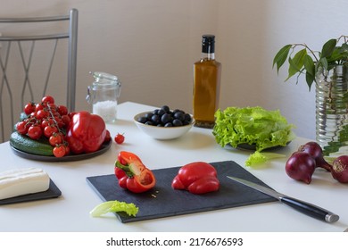 The Process Of Making Greek Salad. Red Bell Pepper.