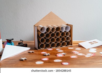 Process Of Making Handmade Advent Calendar House From Toilet Paper Rolls And Carton Box. Sustainable Christmas, Upcycling, Zero Waste, Affordable Gift.