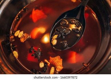 The Process Of Making Mulled Wine At Home In The Kitchen. Example Of How A Hot Drink Is Prepared