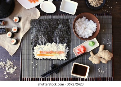 The Process Of Making Sushi And Rolls