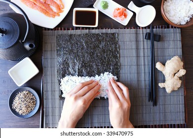 The process of making sushi and rolls, top view
