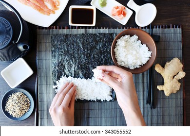 The process of making sushi and rolls, top view