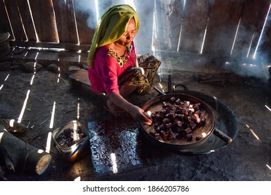 The Process Of Making Traditional Palm Sugar In A Smoky Kitchen, East Java 2 December 2020