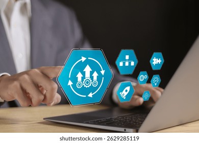 Process management concept, optimization operation, fix strategy industry, success, growth and profit. Businessman using laptop with process management icon on virtual screen.