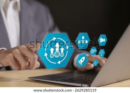 Process management concept, optimization operation, fix strategy industry, success, growth and profit. Businessman using laptop with process management icon on virtual screen.