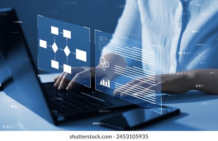 Process management with flowchart to improve productivity and successful efficiency of the company. Workflow robotic automation concept.