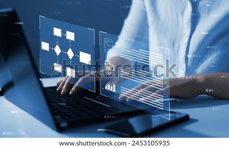 Process management with flowchart to improve productivity and successful efficiency of the company. Workflow robotic automation concept.