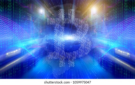 Process of mining cryptocurrency with bitcoin symbol on the background of particles of the planet earth, program binary code in modern data center