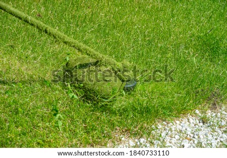 The process of mowing a lawn with a hand mower. A worker mows tall grass with an electric or gasoline trimmer in a city park or backyard. Garden care tools and equipment.