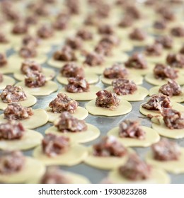 Process preparation of Dumplings with meat filling. Meal cooking of Convenient food. Abstract background. Square format or 1x1 for posting on social media. Soft focus.