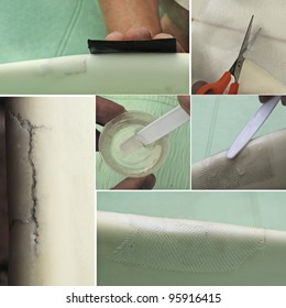 Process Of Preparation And Repair Of Rail Ding On Epoxy Surfboard In One Set, Showing The Crack, Sanding With Paper, Cutting And Adjusting Fiberglass, Mixing And Applying Resin On Cloth