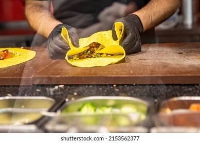 Process Of Preparing Traditional Turkish Fast Food - Shawarma Or Kebab. Chef Hand Cooking Food