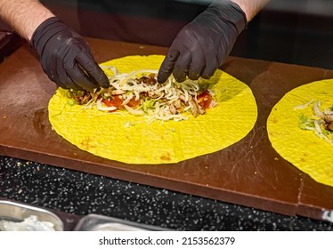 Process Of Preparing Traditional Turkish Fast Food - Shawarma Or Kebab. Chef Hand Cooking Food