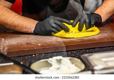 Process Of Preparing Traditional Turkish Fast Food - Shawarma Or Kebab. Chef Hand Cooking Food