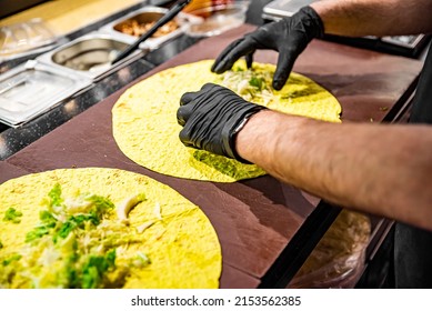 Process Of Preparing Traditional Turkish Fast Food - Shawarma Or Kebab. Chef Hand Cooking Food