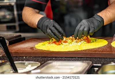 Process Of Preparing Traditional Turkish Fast Food - Shawarma Or Kebab. Chef Hand Cooking Food