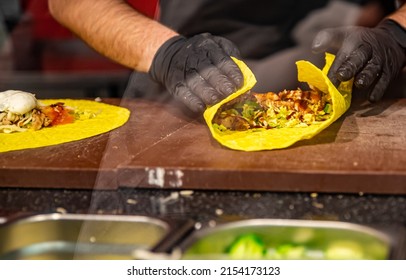 Process Of Preparing Traditional Turkish Fast Food - Shawarma Or Kebab. Chef Hand Cooking Food