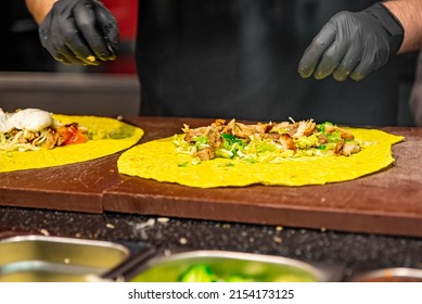 Process Of Preparing Traditional Turkish Fast Food - Shawarma Or Kebab. Chef Hand Cooking Food