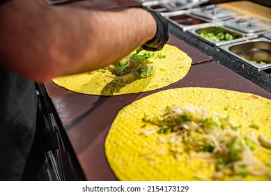 Process Of Preparing Traditional Turkish Fast Food - Shawarma Or Kebab. Chef Hand Cooking Food