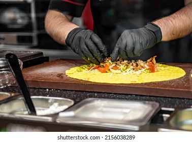 Process Of Preparing Traditional Turkish Fast Food - Shawarma Or Kebab. Chef Hand Cooking Food