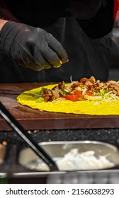 Process Of Preparing Traditional Turkish Fast Food - Shawarma Or Kebab. Chef Hand Cooking Food