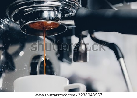 Process professional espresso pouring from coffee machine in cafe, cold toning.