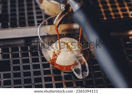 Process professional Iced espresso pouring from coffee machine to cup with ice cream in cafe, warm toning.