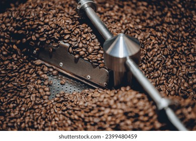 Process roasting brown coffee beans on professional mixing roaster industry machines