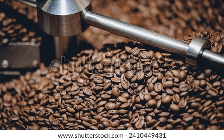 Process roasting brown coffee beans on professional mixing roaster industry machines