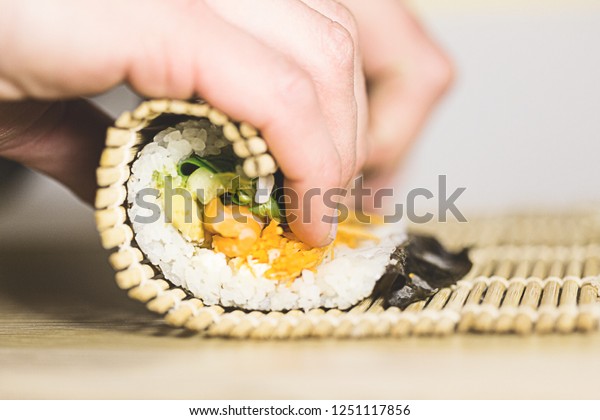 Process Rolling Sushi Roll Salmon Using Royalty Free Stock Image