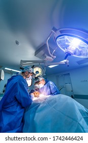 Process of surgery operation using medical equipment. Two surgeons in operating room with surgery equipment and in binocular glasses.