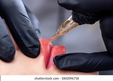 Process Woman Applying Permanent Tattoo Makeup On Lips In Beautician Salon.