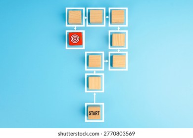 Process workflow and decision path concept. Wooden blocks connected by arrows from start to target, representing planning, strategy, step-by-step progress, problem solving, and business execution.