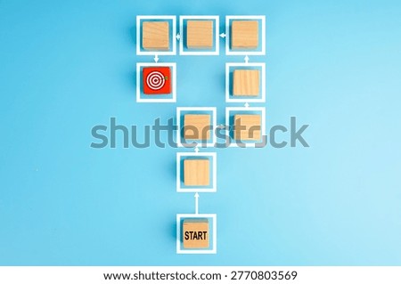 Process workflow and decision path concept. Wooden blocks connected by arrows from start to target, representing planning, strategy, step-by-step progress, problem solving, and business execution.
