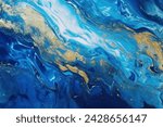 Processed collage of luxurious ocean blue and gold ink marble texture. Background for banner, backdrop or texture for 3D mapping