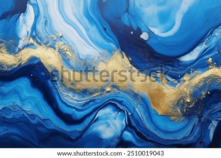 Processed collage of luxurious ocean blue and gold ink marble texture. Background for banner, backdrop or texture for 3D mapping