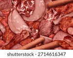 Processed Meats Background as an assortment of sliced and cured meat as deli style ham salami prosciutto, and hot dogs as cold cuts charcuterie.